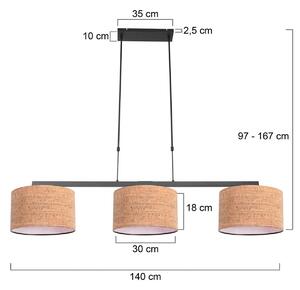 Steinhauer Závěsné světlo Stang, černá/hnědá, délka 140 cm, korek, 3 svítidla., stmívatelný, Černá, Obývací pokoj / jídelna, kov, Moderní