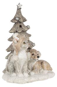 Vánoční dekorativní soška pejska a kočičky u stromečku - 11*9*15 cm LED osvětlení
