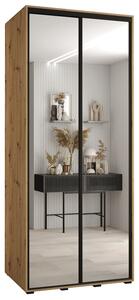 Šatní skříň s posuvnými zrcadlovými dveřmi DAVOS 100cm | DUB Artisan / černé pojezdy