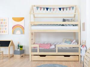 Domečková patrová postel MONTY pro dvě děti - Nelakovaná, Zvolte šuplík: Přistýlka 90x180 cm (s roštem), Zvolte výšku: 242 cm