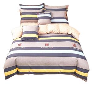 Bavlissimo 7-dílné flanelové povlečení na manželskou postel - šedá se žlutými a modrými pruhy