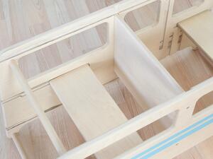 Dřevěná skládací učící věž AUTOBUS 5v1 s křídovou tabulí pro děti - Bílá samolepka