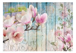 Fototapeta - Růžové květiny na dřevě 200x140 + zdarma lepidlo