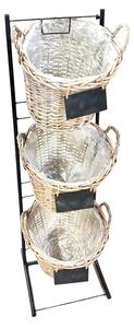 Kovový stojan s proutěnými košíky X3, 113x33x33 cm, košík 33x27x23 cm, dřevěná cedulka