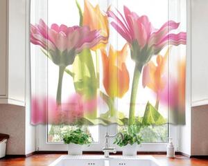 Hotové záclony do kuchyně - fotozáclony Jarní květiny | 140 x 120 cm | růžová, oranžová, zelená, bíl