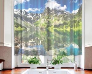 Hotové záclony do kuchyně - fotozáclony Jezero | 140 x 120 cm | modrá, šedá, bílá, zelená