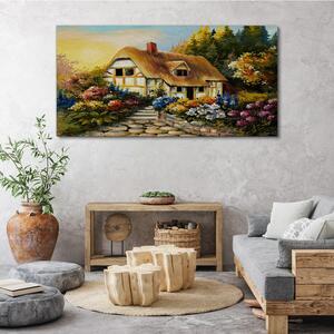 Obraz na plátně Obraz na plátně Květiny strom chata venkov