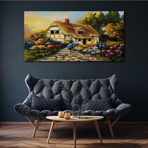 Obraz na plátně Obraz na plátně Květiny strom chata venkov