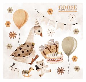 Dětská nálepka na zeď Goose vintage birthday - husa s balonem a dortem