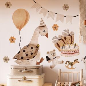 Dětská nálepka na zeď Goose vintage birthday - husa s balonem a dortem
