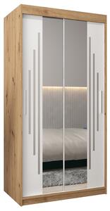 Šatní skříň s posuvnými dveřmi a dvoudílným zrcadlem YORK1 - 100x200cm -Dub Artisan-Bílá-