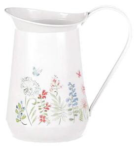 Plechový dekorační džbánek v bílé barvě s květinami- 17 cm