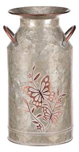 Plechová váza s měděnými motýlky- konev na mléko- 27 cm