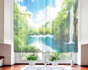 Hotové záclony do kuchyně - fotozáclony Relax v lese | 140 x 120 cm | modrá, hnědá, bílá, zelená