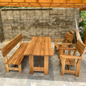 KULHÁNEK Zahradní dubová sestava - stůl, 1x lavice s opěradlem, 2x křeslo (klasické provedení) Délka: 150 cm, Odstín nátěru: lazura - teak