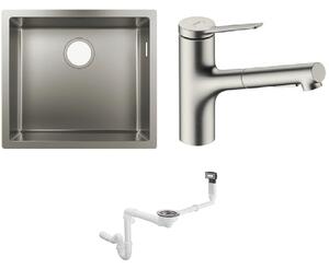 Sada ocelový dřez Hansgrohe S 71 43427800, kuchyňská baterie Hansgrohe Zesis M33 74800800, 43921800