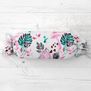 Biante Polštář válec bonbon Sandra SA-413 Růžové a zelené tropické listy na bílém 15x40 cm