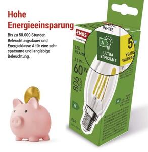 Emos lighting LED žárovka Filament svíčka A CLASS / E14 / 3,8 W (60 W) / 806 lm / neutrální bílá 1525731453