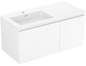 Mexen Rivel, koupelnová skříňka 100 cm s levým umyvadlem Otis, 1S, 1D, drážkovaná, bílá matná, 91A23-10047-3-BBFF01-W18L01