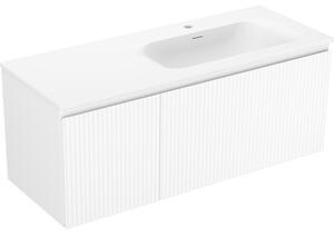 Mexen Rivel, koupelnová skříňka 120 cm s pravým umyvadlem Vela, 1S, 1D, drážkovaná, bílá matná, 91A23-12047-3-BBFF01-W23P01