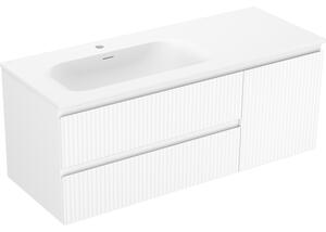 Mexen Rivel, koupelnová skříňka 120 cm s levým umyvadlem Vela, 2S, 1D, drážkovaná, bílá matná, 91A23-12047-3-BBFFF01-W23L01