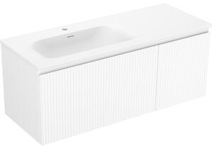Mexen Rivel, koupelnová skříňka 120 cm s levým umyvadlem Vela, 1S, 1D, drážkovaná, bílá matná, 91A23-12047-3-BBFF01-W23L01