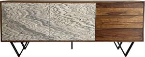 WOHNLING Komoda 175x71x40 cm Masivní dřevo Sheesham Komoda s kamenným vzhledem Bílá Vysoká komoda Moderní stojací skříň se 2 dvířky a 3 zásuvkami