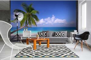 DIMEX | Vliesové fototapety na zeď Pláž s palmou MS-5-0194 | 375 x 250 cm| zelená, modrá, bílá