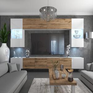 Obývací stěna Belini Premium Full Version bílý lesk / dub wotan + LED osvětlení Nexum 7