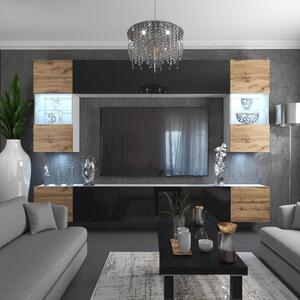 Obývací stěna Belini Premium Full Version černý lesk / dub wotan + LED osvětlení Nexum 15