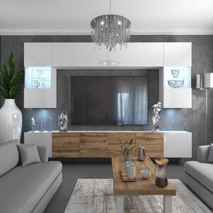 Obývací stěna Belini Premium Full Version bílý lesk / dub wotan + LED osvětlení Nexum 8