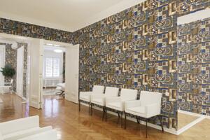 A.S. Création | Vliesová tapeta na zeď Versace 37048-1 | 0,70 x 10,05 m | modrá, bílá, zlatá, šedá, černá
