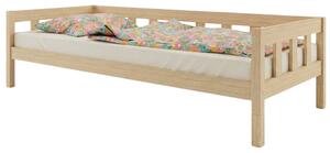 Vysoká jednolůžková postel PLOTTY se zábranou 90x200 cm + matrace WAVE - Nelakovaná, S otevřeným vstupem