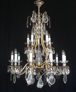 15-ti ramenný originální křišťálový lustr z masivní mosazi s broušenými pendlemi, styl Kamenický Šenov