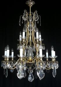 15-ti ramenný originální křišťálový lustr z masivní mosazi s broušenými pendlemi, styl Kamenický Šenov