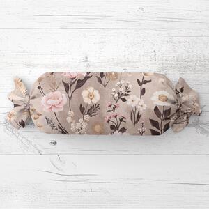 Biante Polštář válec bonbon Sandra SA-787 Růžovo-hnědé květiny na hnědošedém 15x40 cm