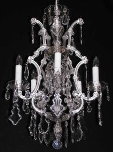5-ti plamenný stříbrný Tereziánský lustr s křišťálovými Pendlemi
