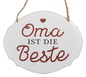Bílá závěsná kovová cedule Oma ist die Best 18x15 cm