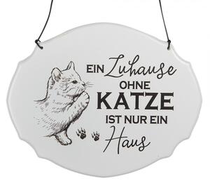 Bílá závěsná kovová cedule Katze Haus 18x15 cm