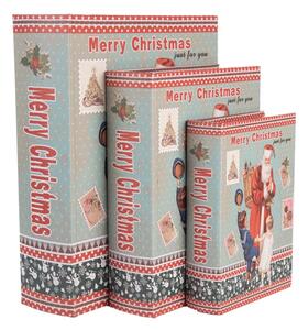 Sada 3 ks úložných boxů ve tvaru knihy s vánočním motivem a nápisem Merry Christmas – 27x22 cm / 22x17 cm / 17x12 cm