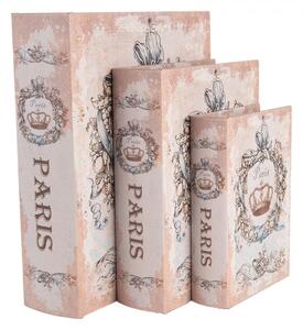 Sada 3 ks úložných boxů ve tvaru knihy v pastelových barvách s nápisem Paris – 27x22 cm / 22x17 cm / 17x12 cm