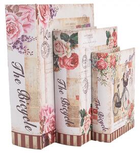 Sada 3 ks úložných boxů ve tvaru knihy s romantickým motivem kola a růžemi – 27x22 cm / 22x17 cm / 17x12 cm