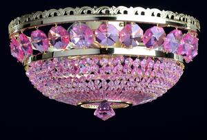 3 žárovky - Přisazený košový lustr ze zlaté mosazi s fialovými fuchsiovými ověsy (purpurová magenta)