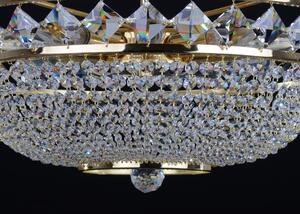 Zlatý košový křišťálový lustr Swarovski se čtvercovými kameny, rautovou koulí a 9-ti žárovkami