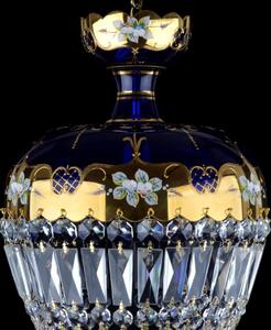 Modrý košový lustr se skleněnými květy a křišťálovými lichoběžníky
