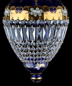 Modrý košový lustr se skleněnými květy a křišťálovými lichoběžníky
