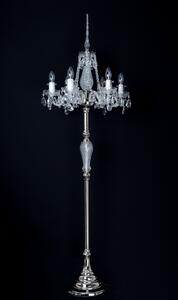 6-ti ramenná sříbrná stojací lampa s křišťálovými vachtlemi a skleněnou špicí