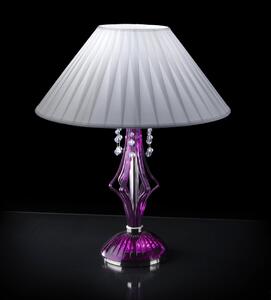 Fialová stolní lampa s křišťálovými perlami a bílým stínítkem