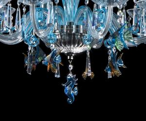 8-ramenný modrý křišťálový lustr "Mořské akvárium" se stínítky