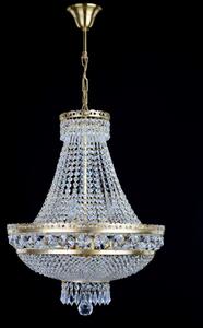 9-žárovkový štrasový křišťálový lustr s velkými broušenými hlavičkami a křišťálovými hruškami - matná mosaz